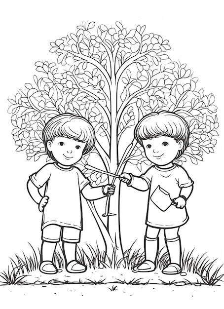 uma página para colorir de duas crianças regando uma árvore generativa ai