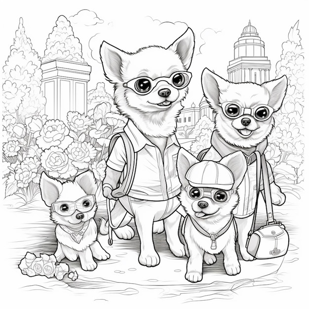 uma página para colorir de três cães com um homem e dois cães generativos ai