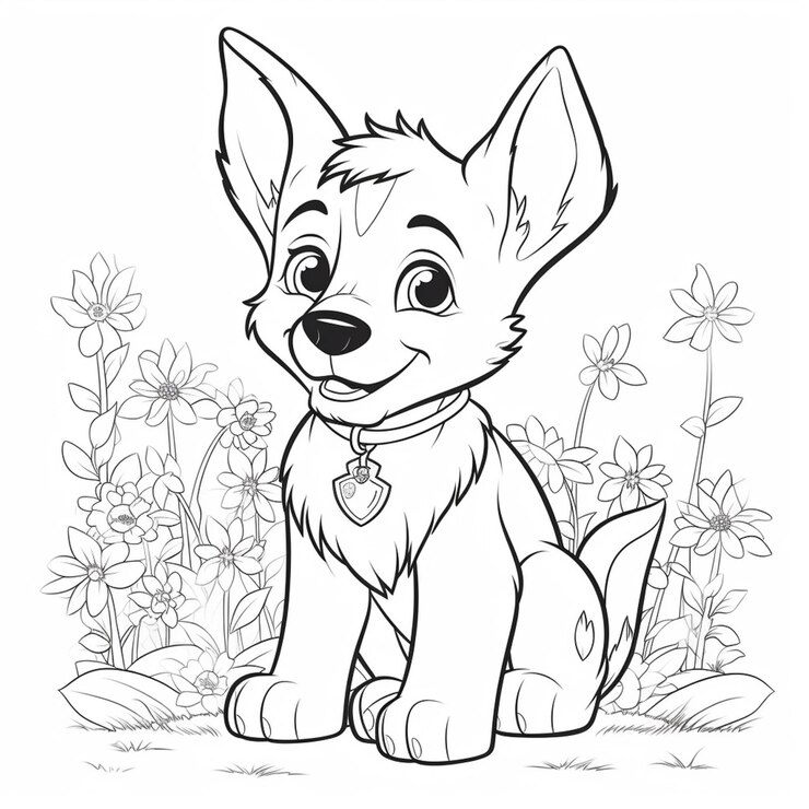 uma página para colorir de um cão sentado na grama com flores generativas ai