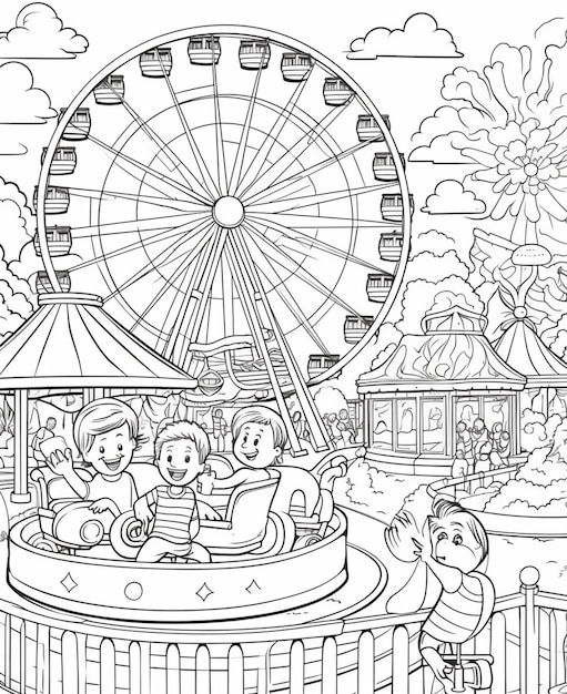 Foto uma página para colorir de um carnaval com uma roda gigante e pessoas generativas ai