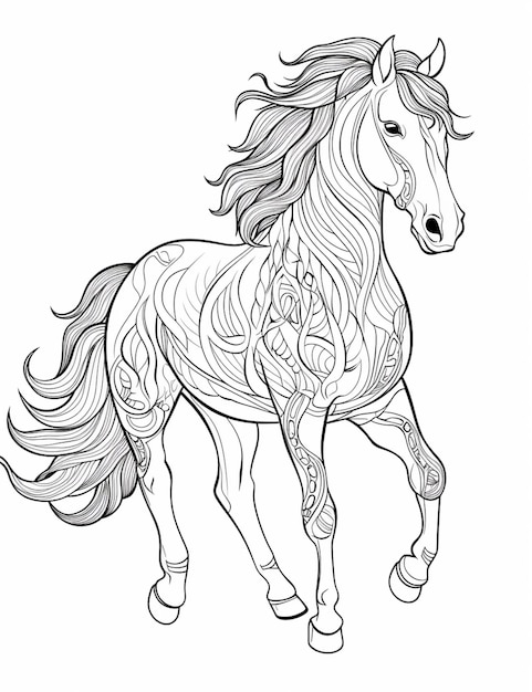 uma página para colorir de um cavalo com uma crina longa e uma crina generativa ai