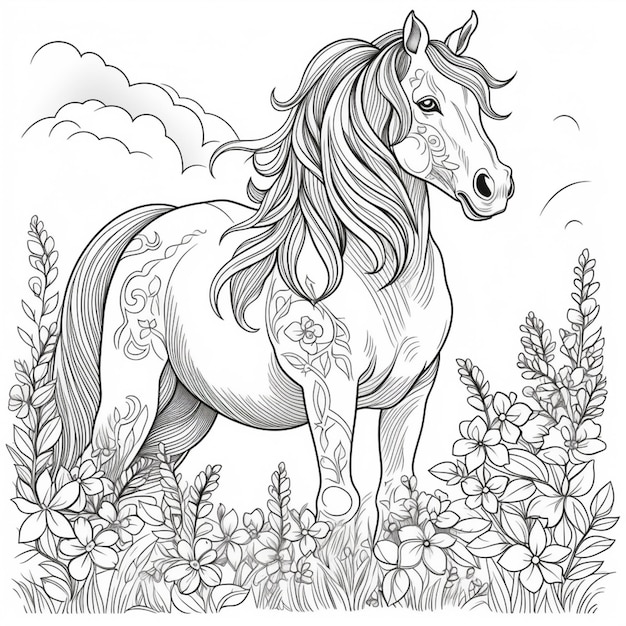 uma página para colorir de um cavalo com uma linda crina e flores generativas ai