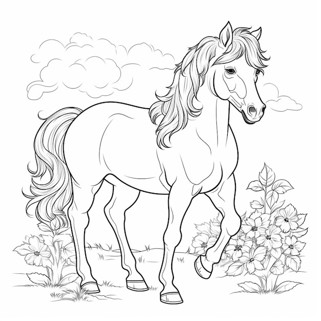 uma página para colorir de um cavalo correndo por um campo de flores IA generativa