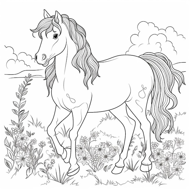 uma página para colorir de um cavalo em um campo de flores ai generativa