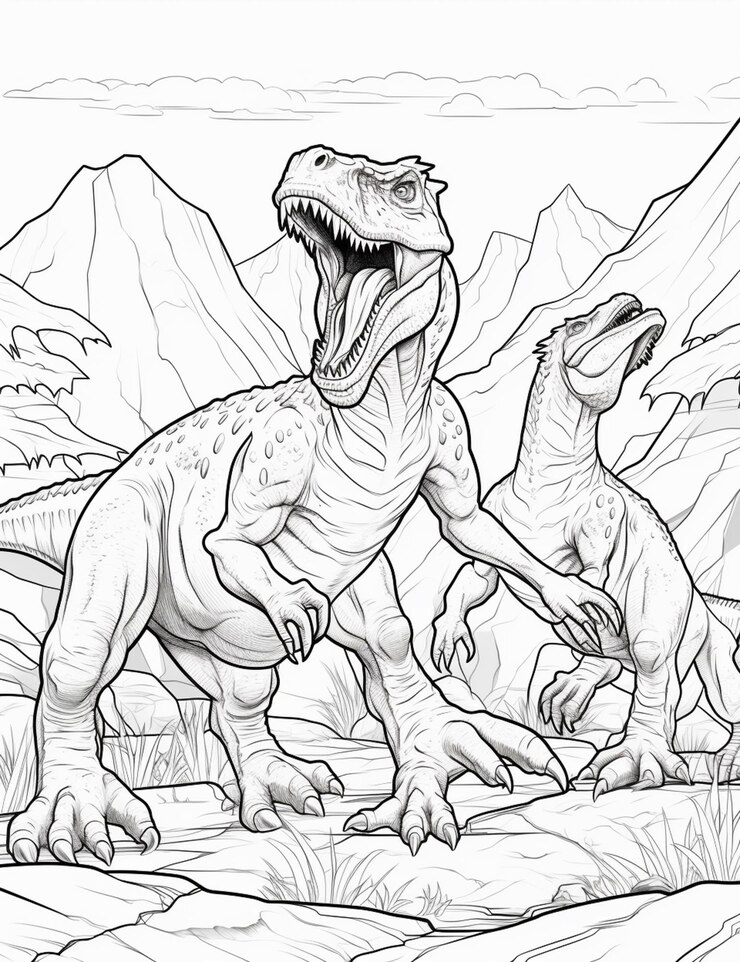Foto uma página para colorir de um dinossauro atacando rex generative ai