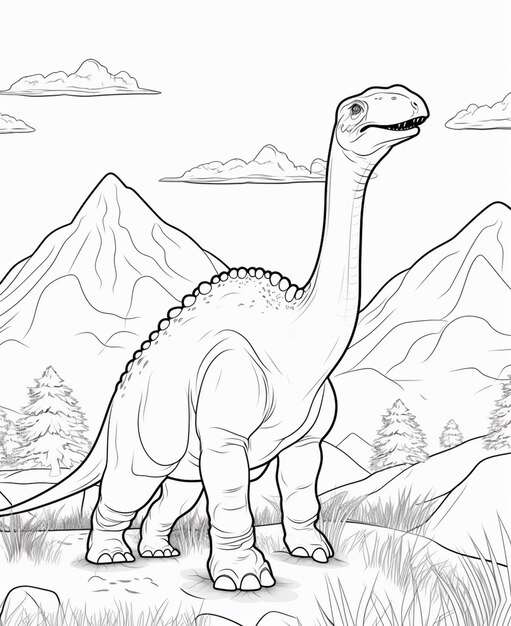 uma página para colorir de um dinossauro nas montanhas ai generativa