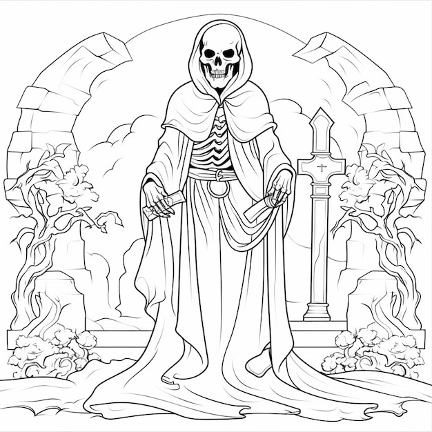 uma página para colorir de um esqueleto em um manto e um manto generativo ai