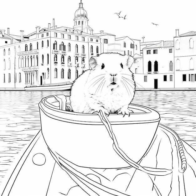 uma página para colorir de um hamster em um barco em um rio gerador de IA