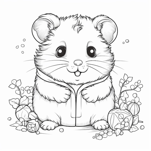 Foto uma página para colorir de um hamster lendo um livro em um jardim de flores ia generativa