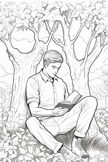 uma página para colorir de um homem lendo um livro debaixo de uma árvore generativa ai