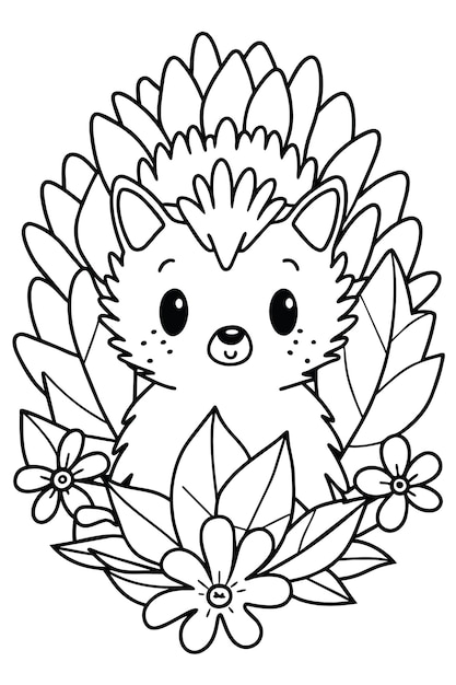 Uma página para colorir de um lindo ouriço escondido em flores Página para corrigir de um ouriço