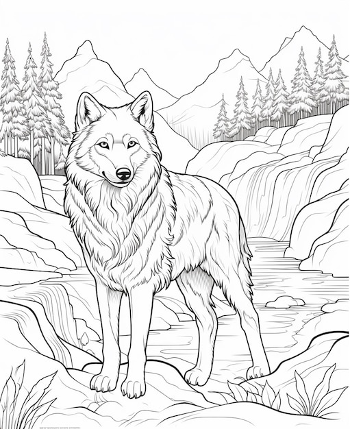 Uma página para colorir de um lobo em pé sobre uma rocha na floresta generativa ai