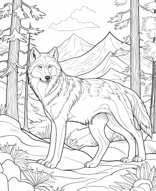 Uma página para colorir de um lobo na floresta com montanhas ao fundo generative ai