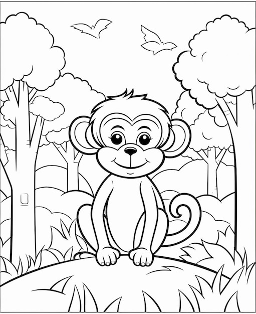 Desenho para colorir de macaco em uma árvore com um chapéu