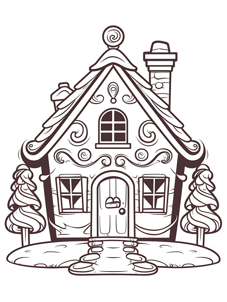 Foto uma página para colorir de uma casa de gengibre com uma cana de doces