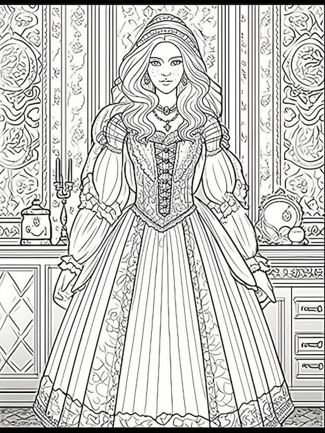 uma página para colorir de uma mulher em um vestido com uma coroa generativa ai