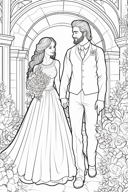 Foto uma página para colorir de uma noiva e um noivo caminhando por um jardim gerador de ia