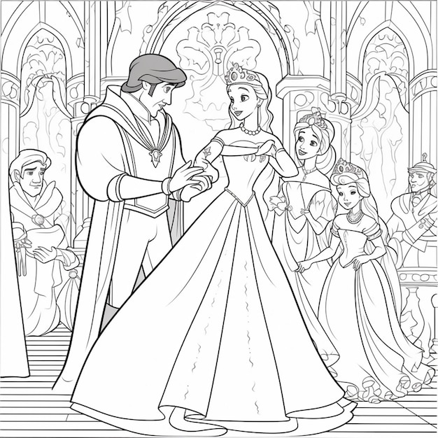 Uma página para colorir de uma princesa e um príncipe em um castelo generativo ai