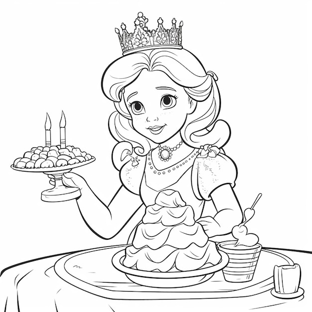 Foto uma página para colorir de uma princesa segurando um bolo com velas generativas ai