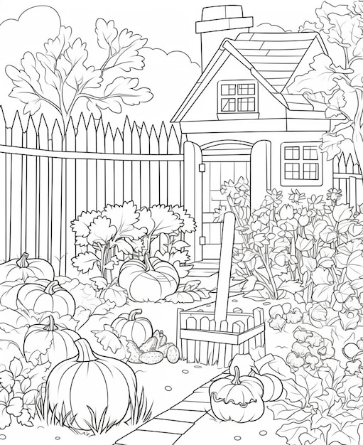 Uma página para colorir em preto e branco de um jardim com abóboras e uma cerca.