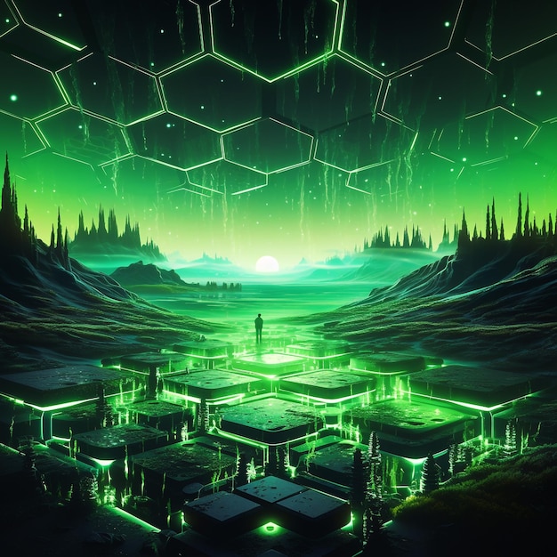 uma paisagem abstrata vibrante de hexágonos verdes