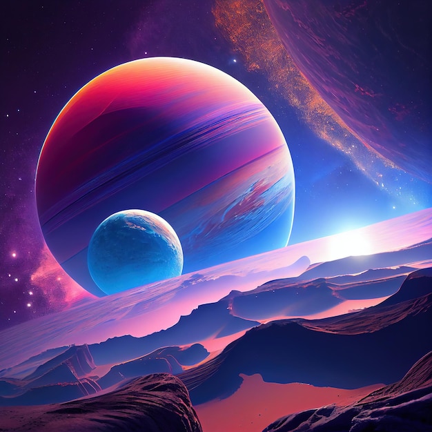 Uma paisagem alienígena colorida e deserta Planetas alienígenas durante o nascer do sol