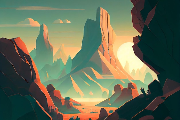 Uma paisagem alienígena colorida e deserta Planetas alienígenas durante o nascer do sol