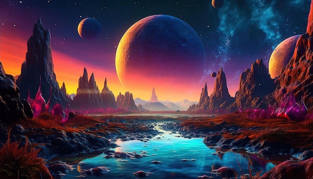 Uma paisagem alienígena colorida em uma cena aquosa