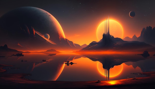 Uma paisagem alienígena com dois planetas à distância Generative AI