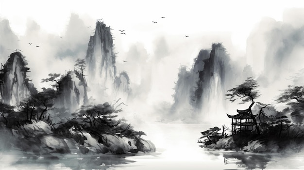 Uma paisagem chinesa com um pequeno barco na água.