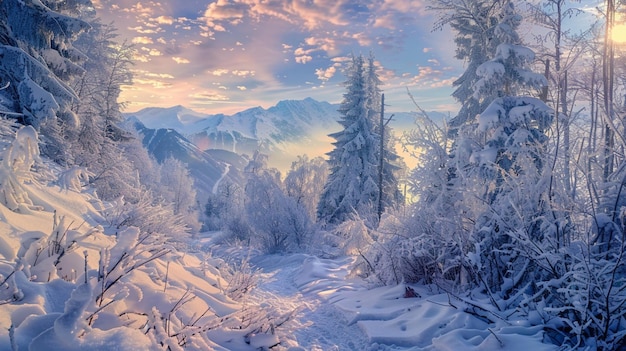 uma paisagem coberta de neve com árvores cobertas de neve e montanhas ao fundo