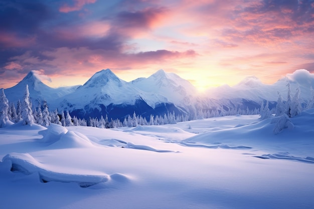 uma paisagem coberta de neve com montanhas ao fundo