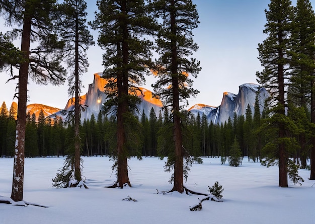 Uma paisagem coberta de neve com montanhas ao fundo.