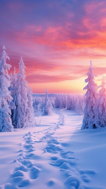 uma paisagem coberta de neve com um caminho na neve