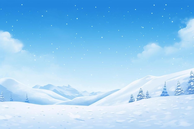 uma paisagem coberta de neve com um céu azul e árvores cobertas de neve.
