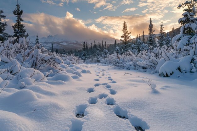 Uma paisagem coberta de neve com um riacho e árvores