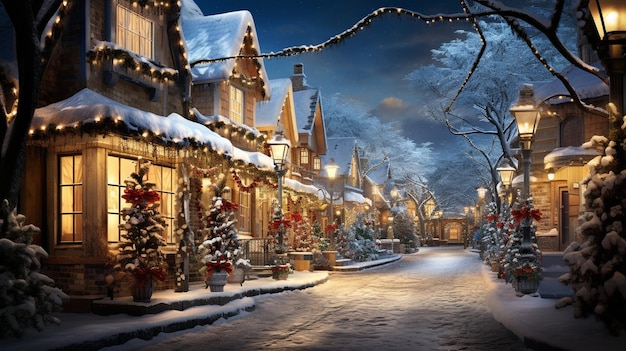 Uma paisagem coberta de neve envolve uma charmosa aldeia cada edifício adornado com coroas de flores e luzes cintilantes