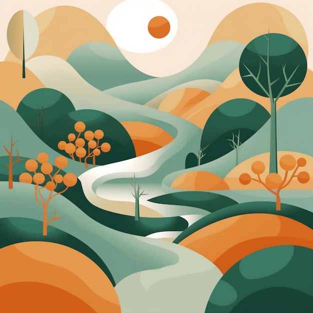 uma paisagem colorida com árvores e um rio com sol ao fundo.