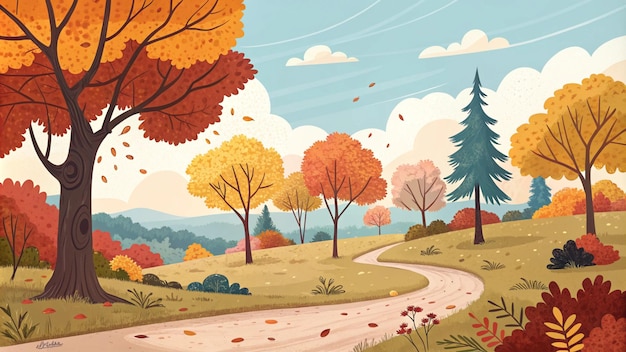 uma paisagem colorida com árvores e uma estrada com uma estrada no fundo