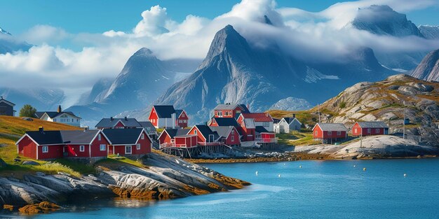 Foto uma paisagem colorida com casas e montanhas ao fundo