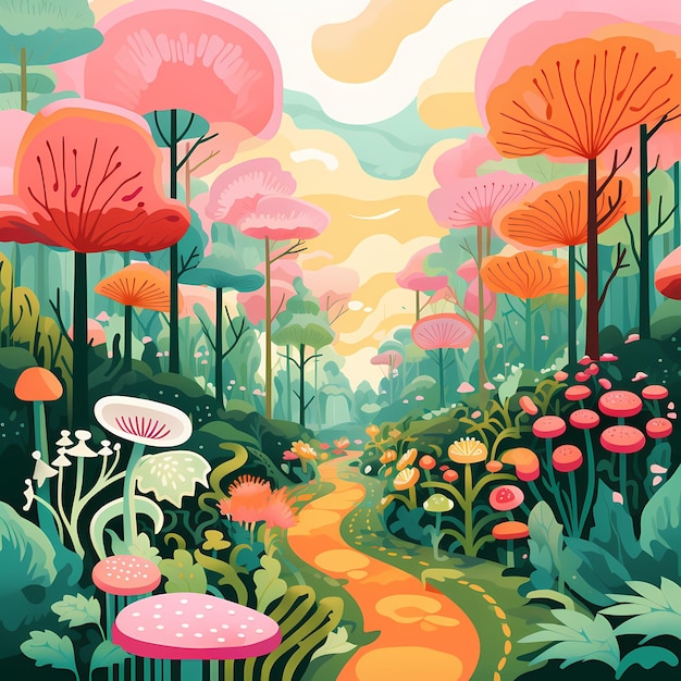 Uma paisagem colorida com cogumelos e cogumelos.