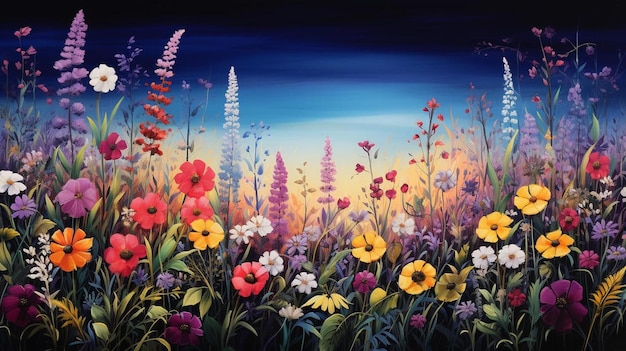 uma paisagem colorida com flores e um pôr do sol