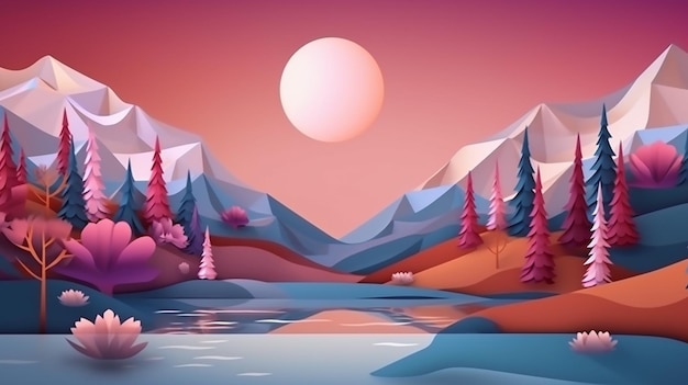 Uma paisagem colorida com montanhas e árvores ao fundo.