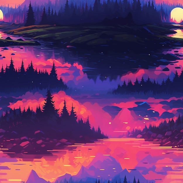 Uma paisagem colorida com montanhas e um lago.