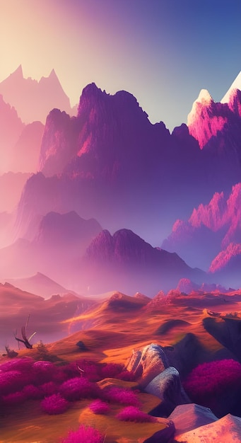 uma paisagem colorida com montanhas e uma árvore ao fundo.