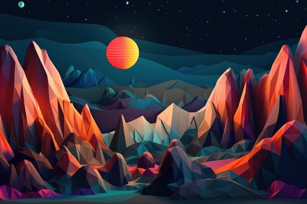 Uma paisagem colorida com montanhas e uma lua.