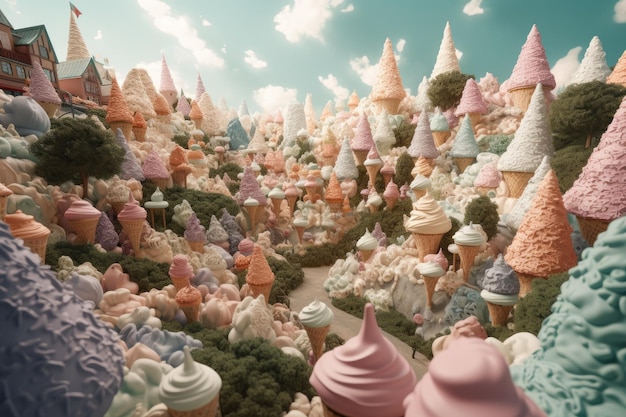 Uma paisagem colorida com muitos cones de sorvete fosco.