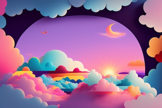 Uma paisagem colorida com nuvens e uma lua.