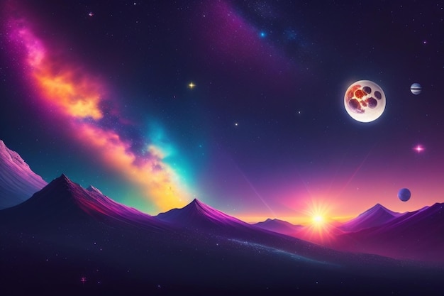 Uma paisagem colorida com um planeta e o sol