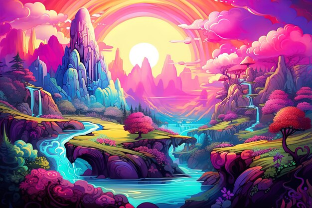 uma paisagem colorida com um rio e um arco-íris